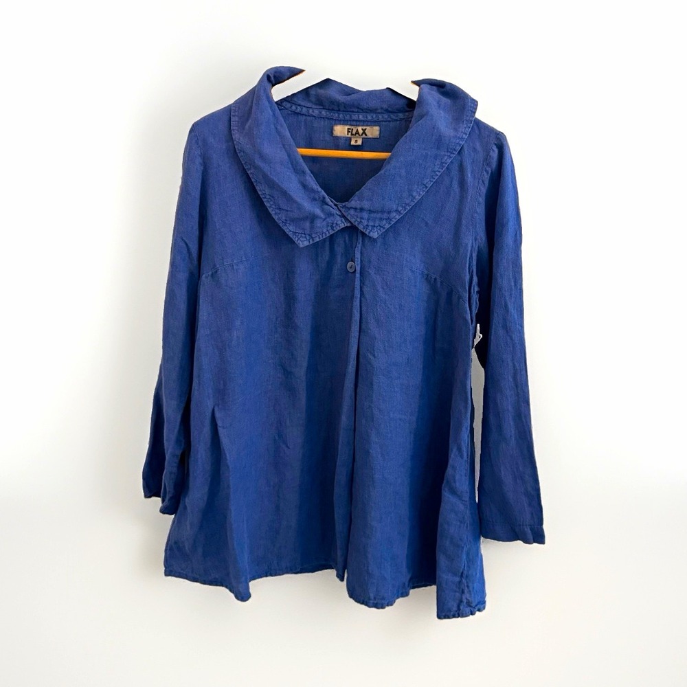 FLAX Women's Blue Solid Linen Woven Button-Front Collared Blouse Long Sleeve S